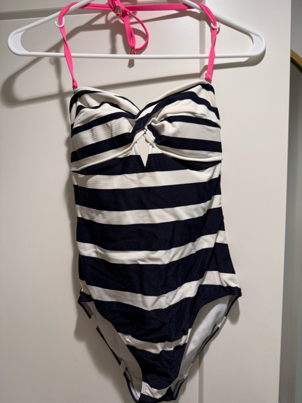Ted Baker Navy and White Striped One-Piece Swimsuit with Pink Halter Straps